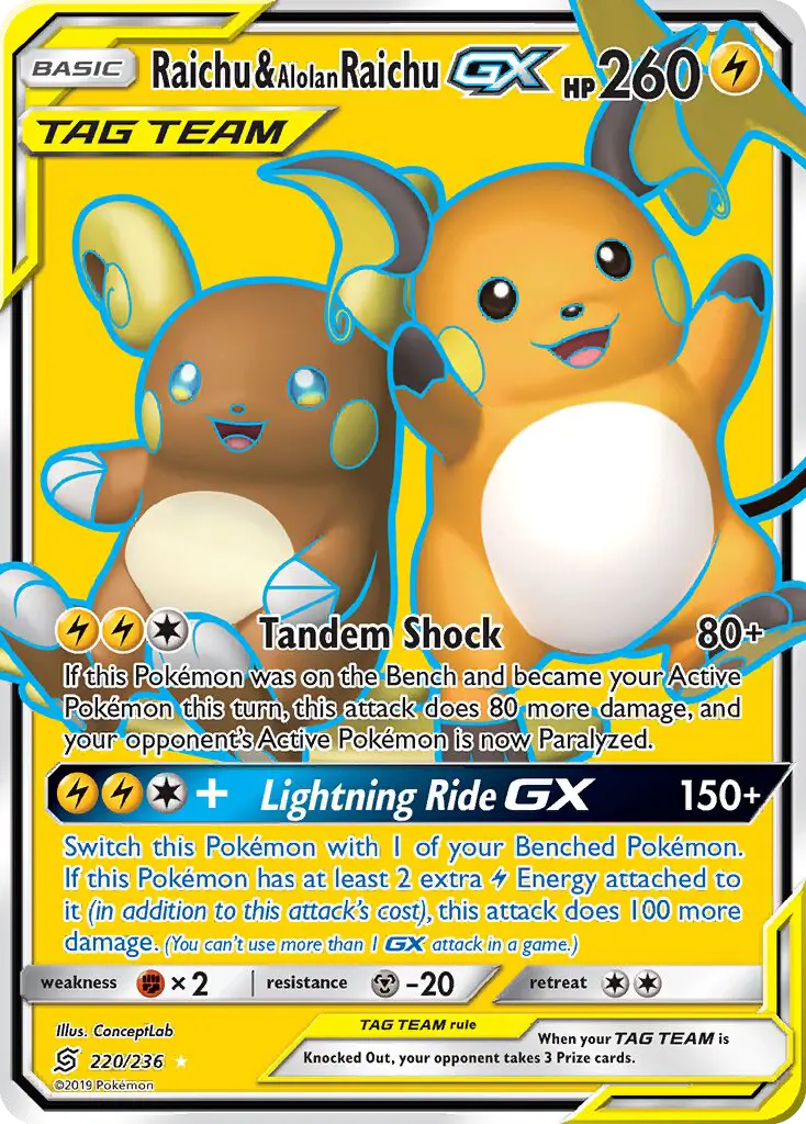 Raichu & Alolan Raichu GX Pokémon card