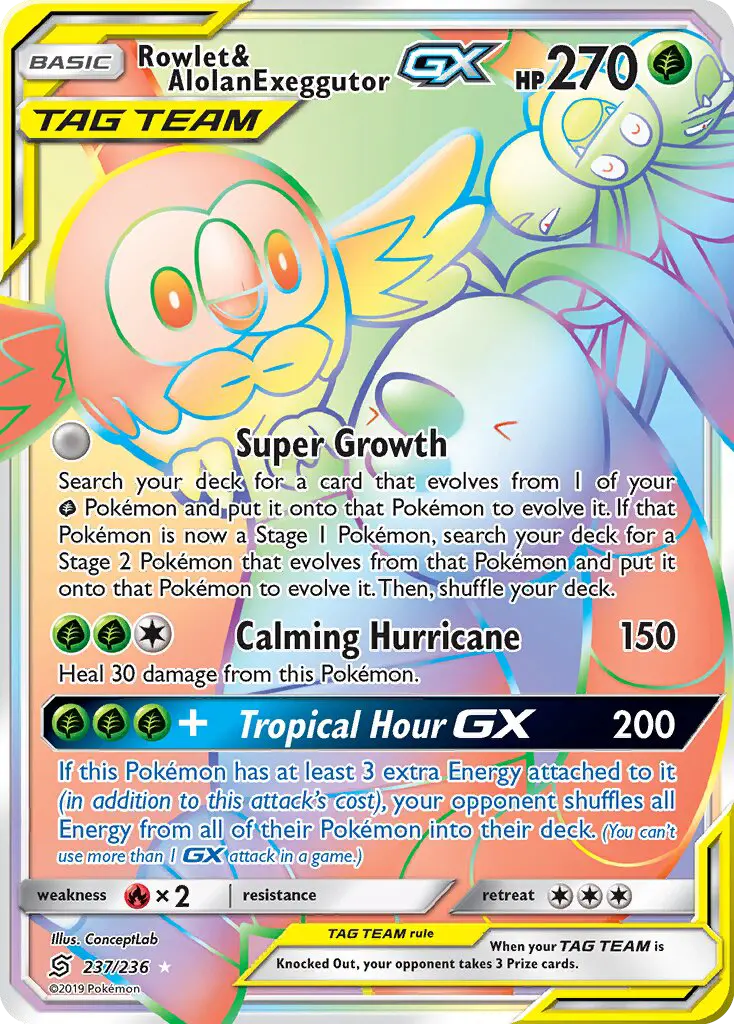 Rowlet & Alolan Exeggutor GX Pokémon card